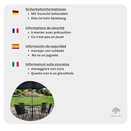 Garden Mile Patio Dining Set - Round 4 seater garden dinning set with Umbrella, 4 Folding Dining Chairs & Round Tempered Glass Table for Garden, Patio furniture or conservatory décor (Black)